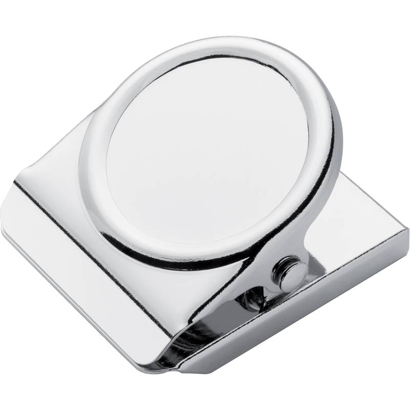 Eine glänzende silberne Metallklammer mit rundem Oberteil und flacher Basis, die zum Zusammenhalten von Papieren verwendet wird.