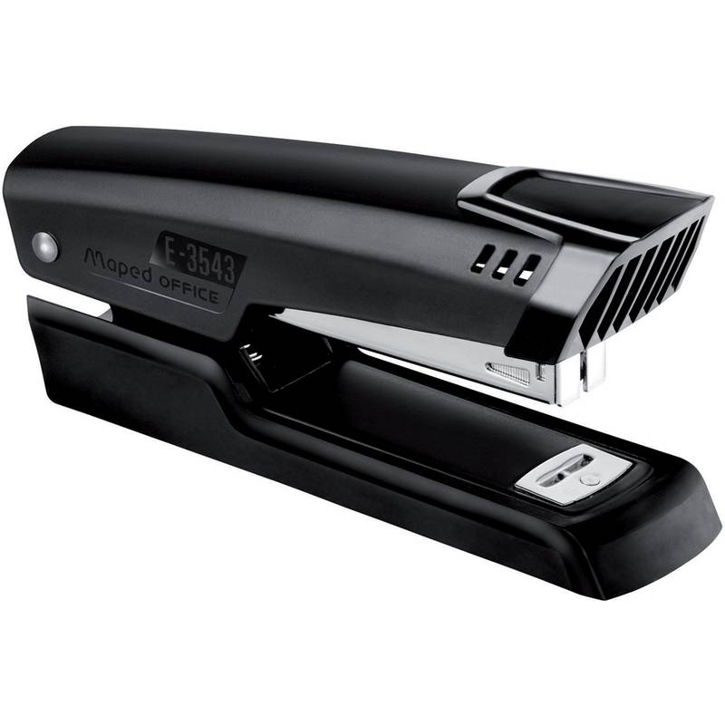 Ein schwarzer Hefter mit elegantem Design, an dessen Seite die Gravur 