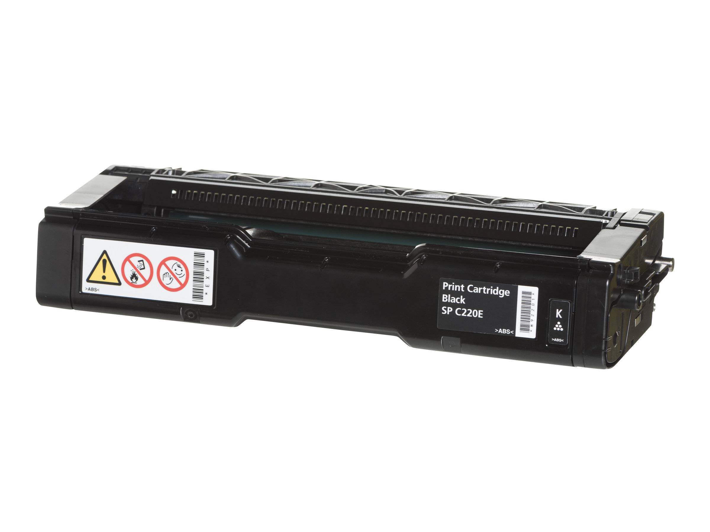 Schwarze Druckertonerkassette mit Warnlabel und Text „Print Cartridge Black SP C220E