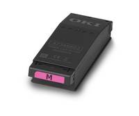Schwarze Oki-Druckertintenkassette auf weißem Hintergrund, mit dem Label „M