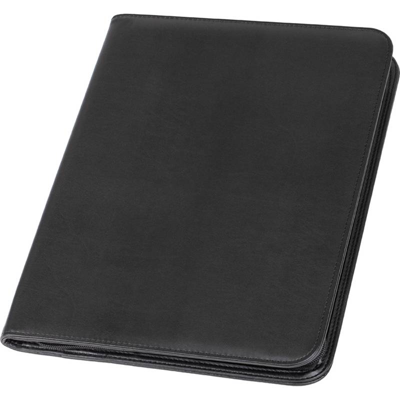 Schwarze geschlossene Ledertasche, die auf ihrer Unterkante vor einem weißen Hintergrund steht.