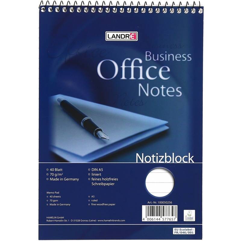 LANDRÉ Spiralnotizblock, DIN A5, 40 Blatt, liniert