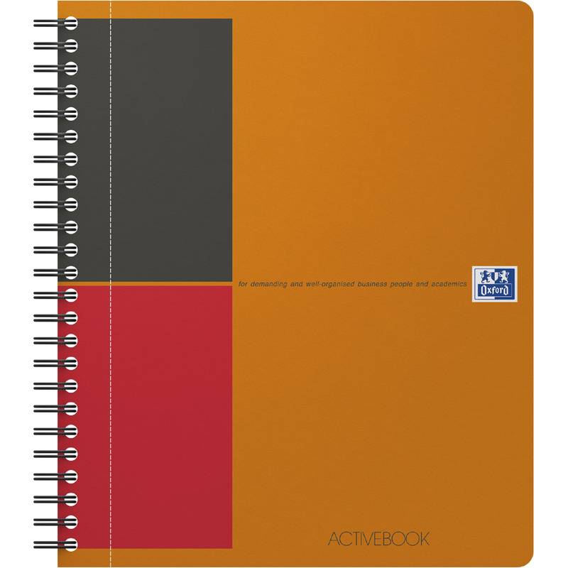 Ein orangefarbenes Spiralgebundenes Notizbuch mit den Worten 'ACTIVEBOOK' und 'Oxford' auf dem Einband, mit einem roten und grauen Quadratdesign.