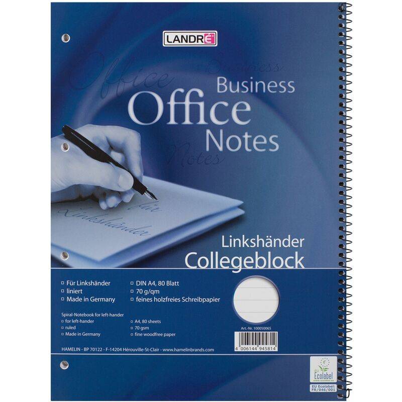 LANDRÉ Linkshänder-Collegeblock, DIN A4, liniert, 80 Blatt