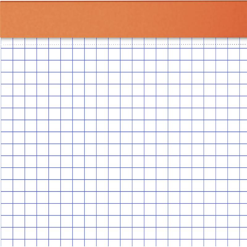 Kariertes Papier mit blauen Linien auf weißem Hintergrund und orangefarbener Kopfzeile.