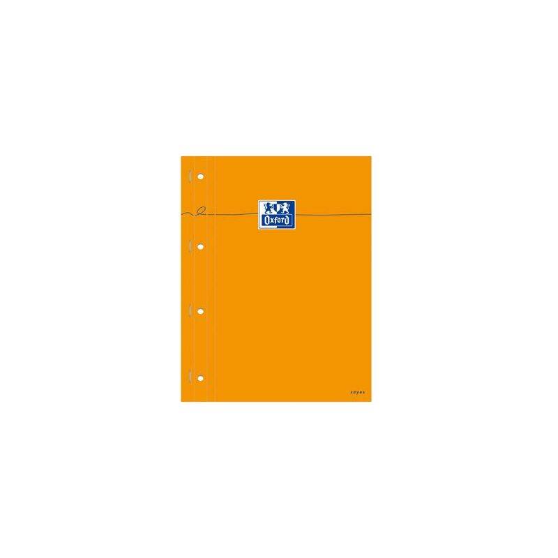 Ein orangefarbener Notizbucheinband mit vier Ringlochelementen auf der linken Seite. Das Etikett in Blau und Weiß oben in der Mitte trägt die Aufschrift 