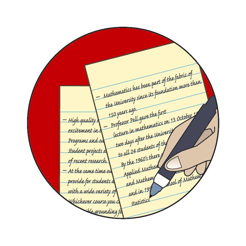 Eine Hand, die einen Stift hält, schreibt auf einem Notizblock Text zur Geschichte und Bedeutung der Mathematik an einer Universität.