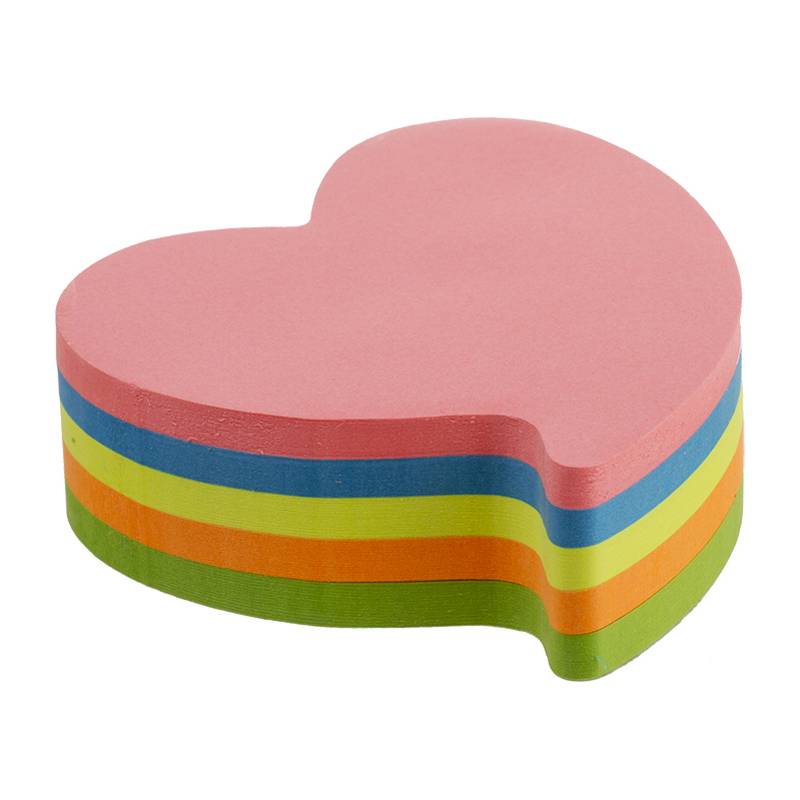 Herz-förmiger Stapel bunter Haftnotizen in Rosa, Blau, Gelb, Orange und Grün.