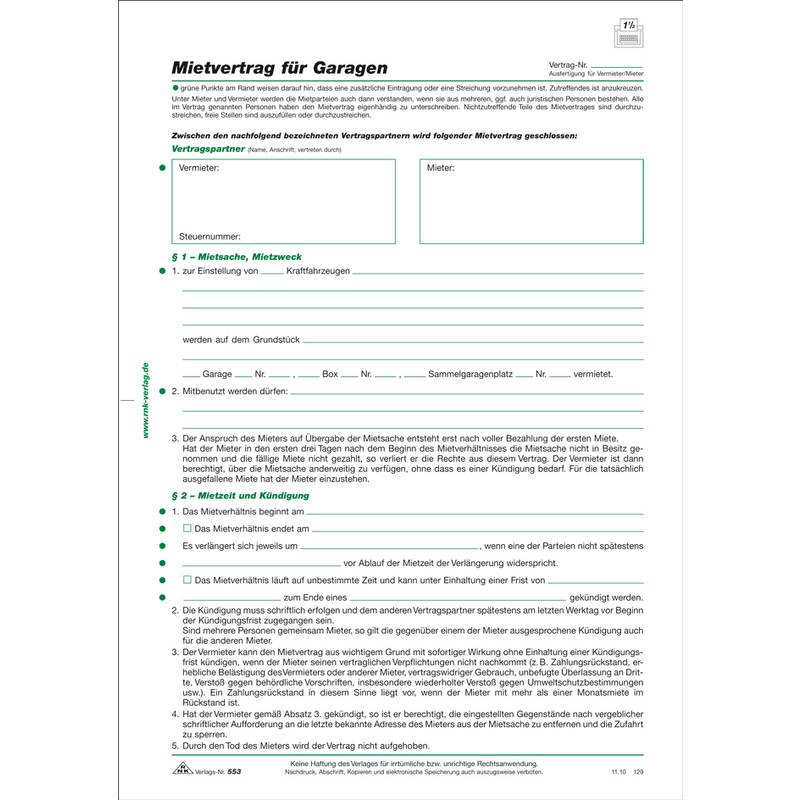 RNK Verlag Vordruck "Mietvertrag für Garagen, DIN A4