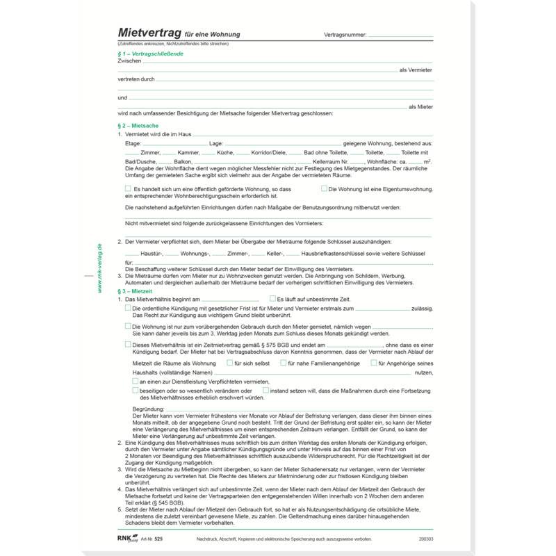 RNK Verlag Vordruck "Mietvertrag für Wohnungen", DIN A4