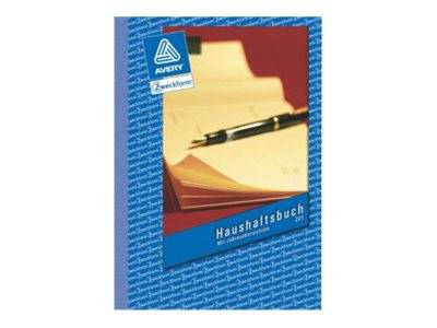 Avery Scheckbuch-Haushaltsbuch mit einem Stift, der auf einem offenen Notizblock auf dem Umschlag ruht.