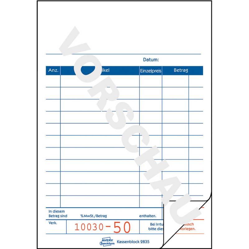 AVERY Zweckform Formularbuch "Kassenblock", 2 x 50 Blatt