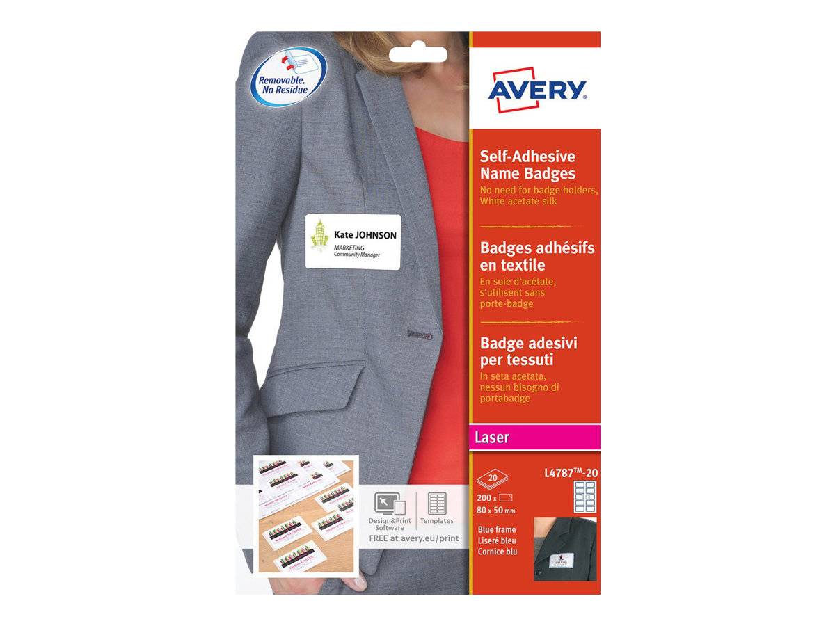 Avery selbstklebende Namensplaketten Packung mit einer Person, die eine Jacke trägt, und einem Beispiel-Namensschild „Kate Johnson