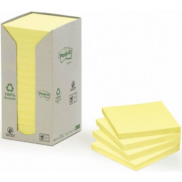 Schachtel mit gelben Post-it-Notizen und einem Stapel von vier gelben Haftnotizzetteln daneben auf weißem Hintergrund.