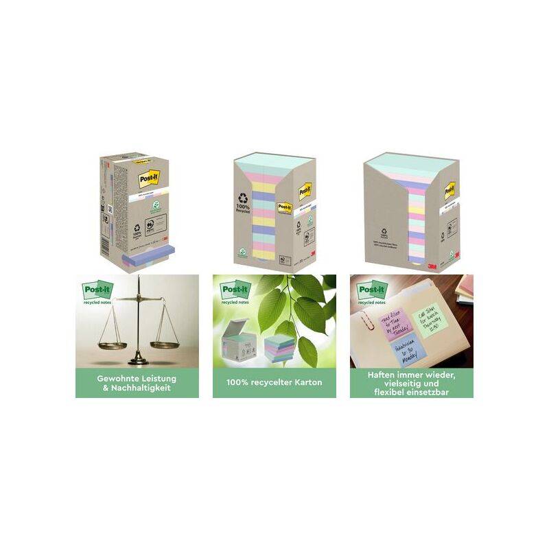 Post-it Haftnotizen Recycling notes, 76 x 76 mm, mehrfarbig