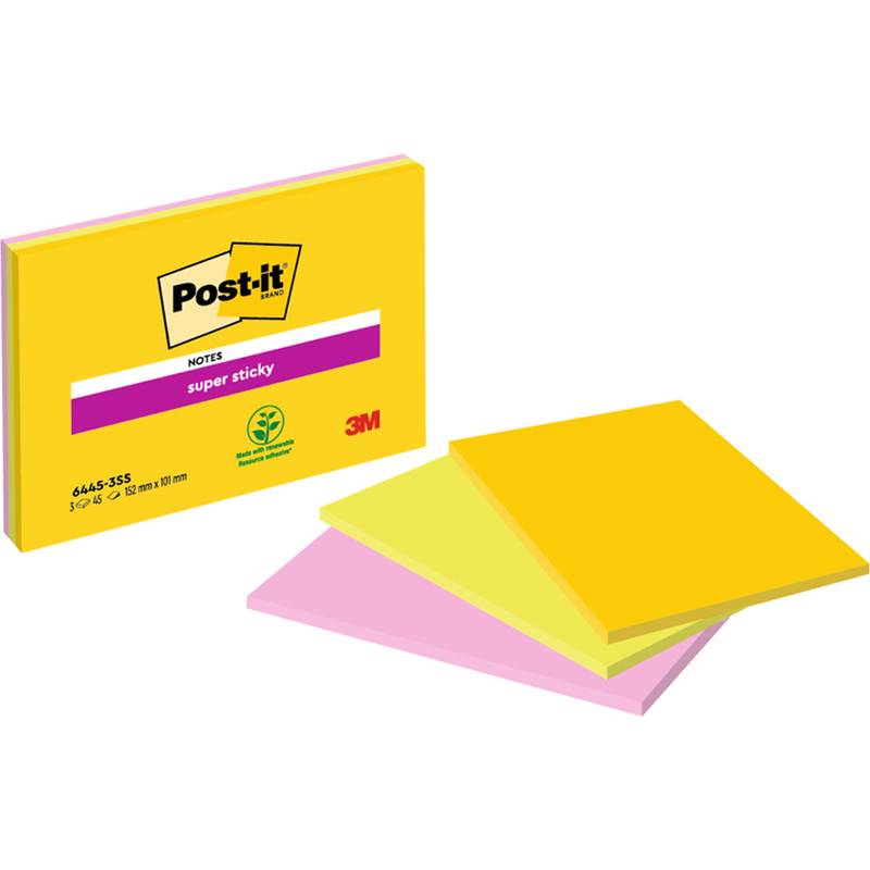 Ein Paket Post-it Super Sticky Notes mit gelber Verpackung und drei Blöcken: gelb, rosa und orange. Geeignet zum Organisieren und für Erinnerungsnotizen.