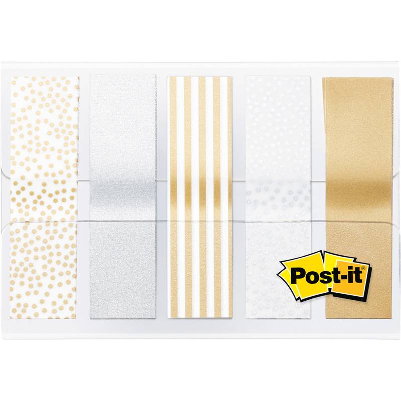 Fünf dekorative Post-it Haftmarker: goldene Polka Dots, silber, goldene Streifen, weiße Punkte und einfarbig gold.