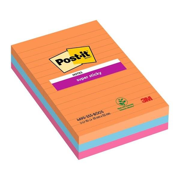 Haftnotiz Super Sticky Notes - 101 x 152 mm liniert 3x 90 Blatt.