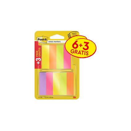 Packung mit Post-it-Notizmarkern in fünf Neonfarben. Text lautet „6+3 GRATIS