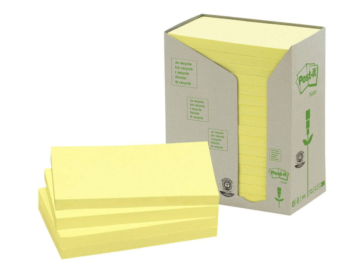 Stapel gelber Haftnotizen neben einer Pappspenderbox mit der Aufschrift Post-it, zeigt nachfüllbare Notizen zur Verwendung bereit.
