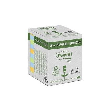 Post-it Haftnotizen Recycling Notes, 76 x 76 mm, farbig