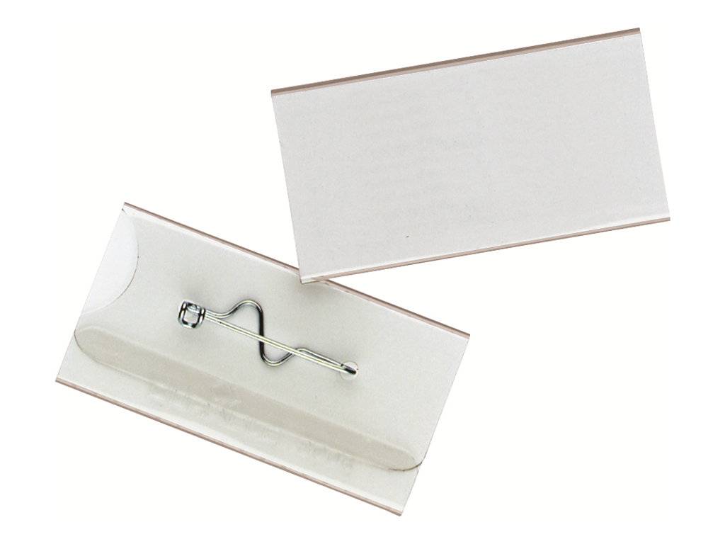 Zwei weiße rechteckige Verpackungstabletts, eines offen und eines geschlossen, mit einem Metallclip oder einer Metallnadel, die in der unteren Schale zentriert angebracht ist.
