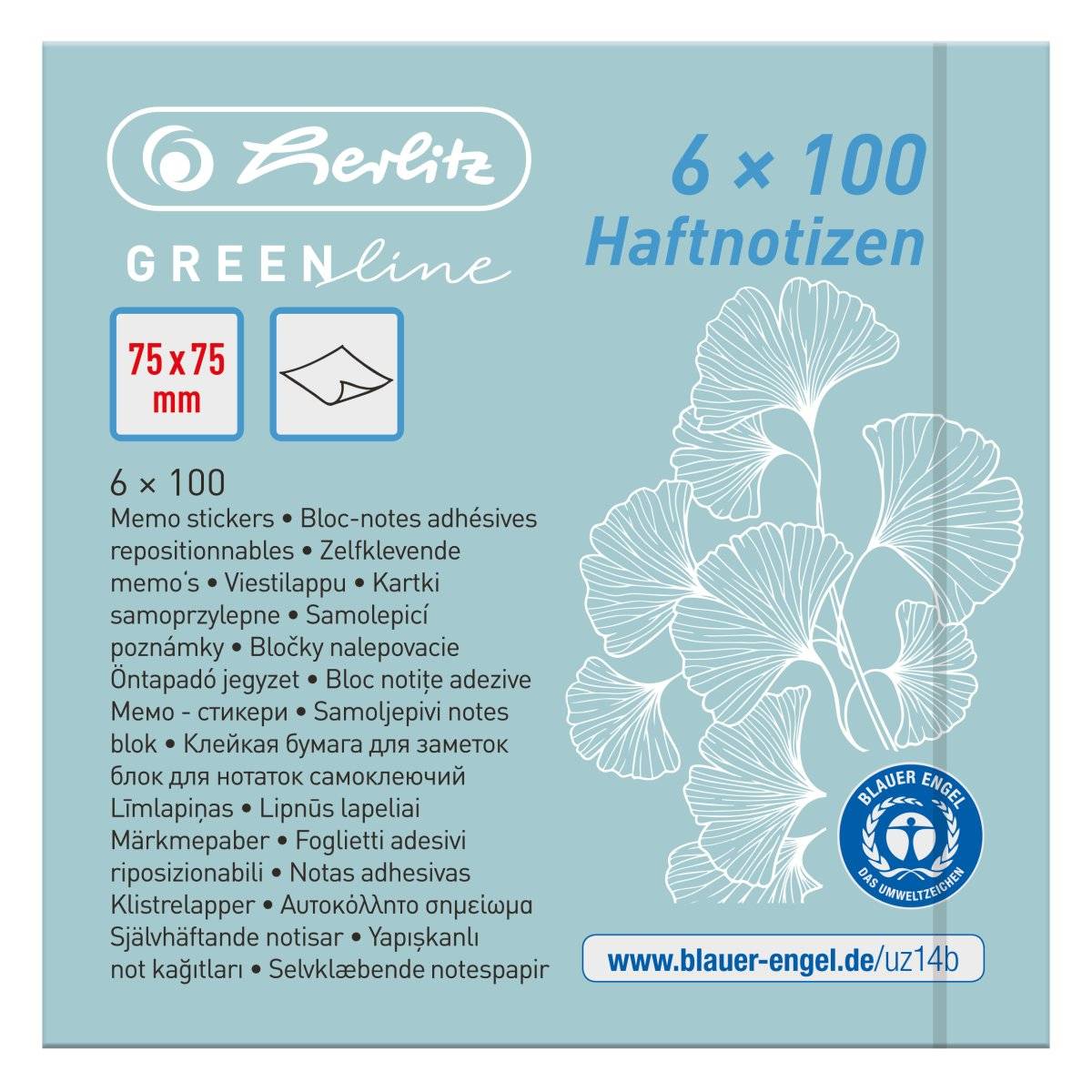 Packungsetikett für Herlitz GREENline Haftnotizen, 6 x 100 Blatt, 75 x 75 mm, mit blauer Blumenillustration und Blauem Engel Umweltzeichen.