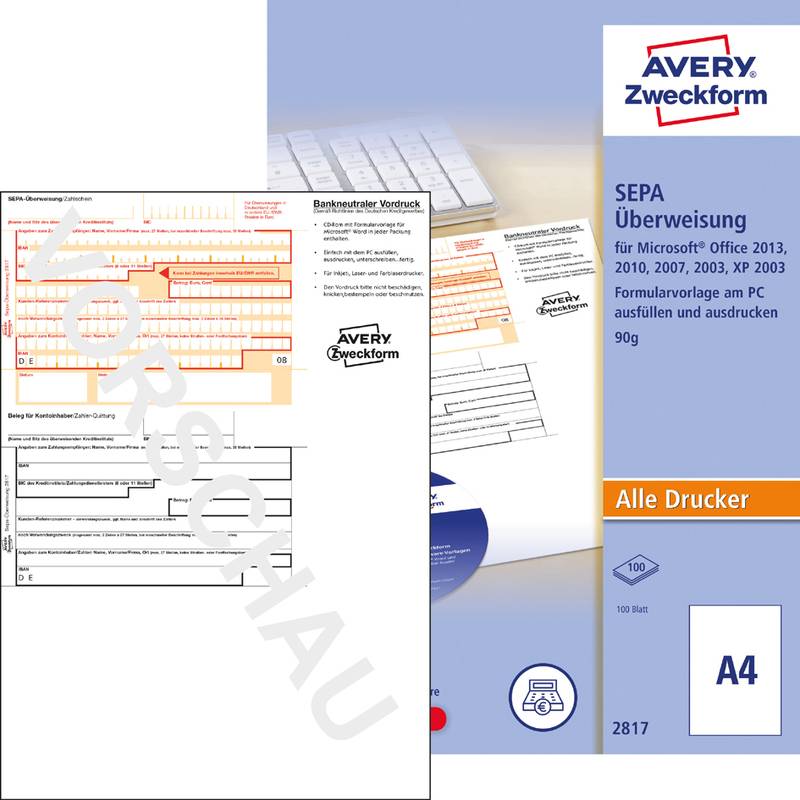Avery Zweckform SEPA-Überweisungsformularblock für Microsoft Office, A4, 100 Blatt, Artikel 2817, gezeigt mit Beispielformularblättern und Druckerkompatibilität.