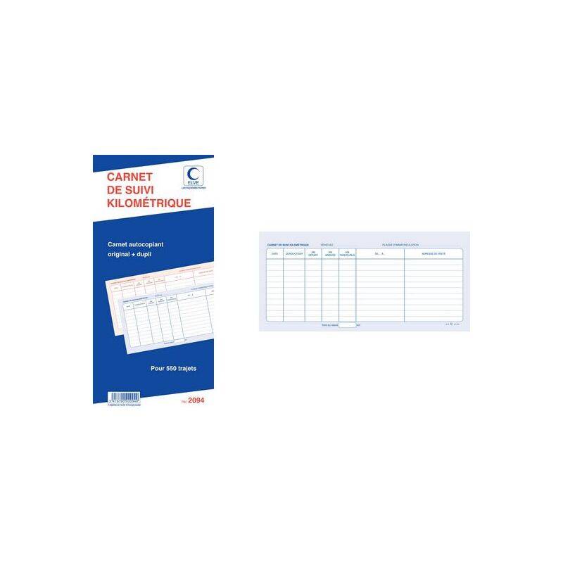 Ein Kilometernachweisheft mit der Beschriftung 'Carnet de Suivi Kilométrique' in Französisch mit einer Vorschau einer Innenseite mit Spalten für Reisedetails.