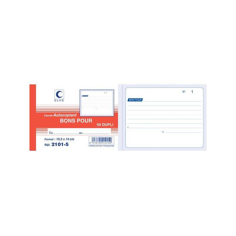 Eine rote und weiße Etikette für 50 Duplikat-'Bons Pour'-Formulare, Größe 10,5 x 14 cm, Referenz 2101-5, mit einem blau und weiß gestreiften Formular auf der rechten Seite.