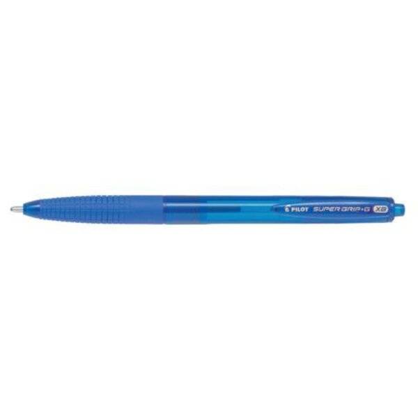 Blauer Pilot Super Grip Stift mit strukturiertem Griff und transparentem Schaft, horizontal auf weißem Hintergrund dargestellt.
