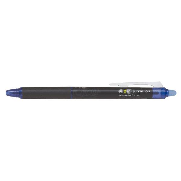 Schwarzer ausziehbarer Kugelschreiber mit blauer Kappe und Spitze, mit der Beschriftung „Frixion Clicker 0.5