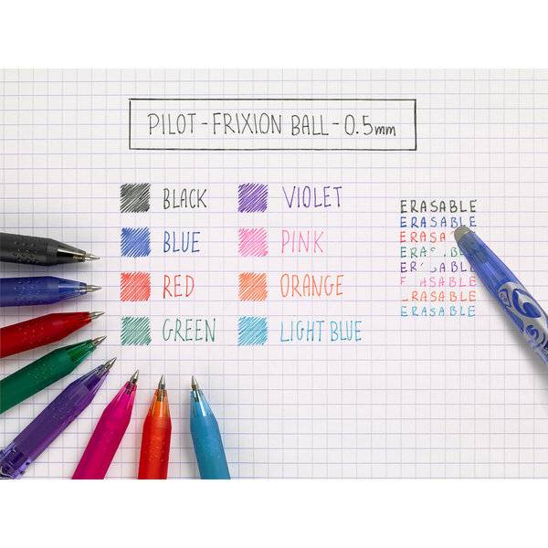 Diagramm mit Pilot Frixion Ball 0,5 mm Stiftfarben auf Millimeterpapier, mit Farbmustern beschriftet schwarz, blau, rot, grün, violett, rosa, orange und hellblau, plus wiederholter Text „löschbar