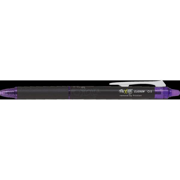 Schwarzer und violetter Frixion Clicker 0,5 Kugelschreiber mit ausfahrbarem Mechanismus, transparenter violetter Spitze und Kappe, gezeigt auf weißem Hintergrund.