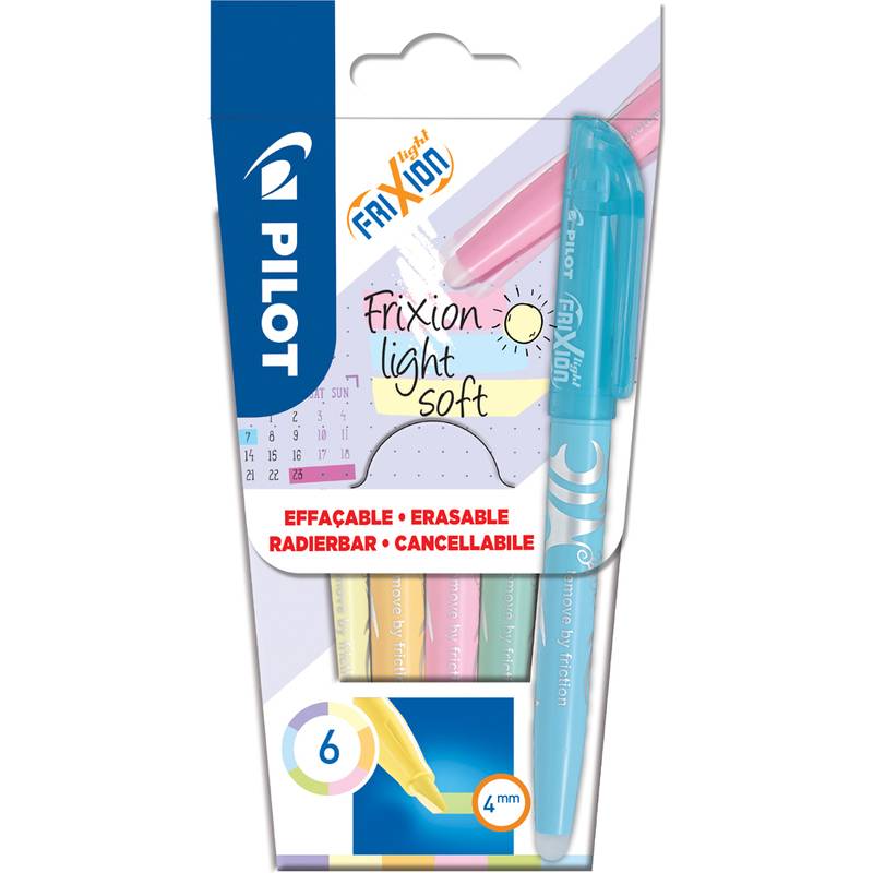 Packung mit Pilot FriXion light Soft-Textmarkern mit Radierfunktion, sechs Farben, mit 4 mm Spitze und mehrsprachiger Kennzeichnung 