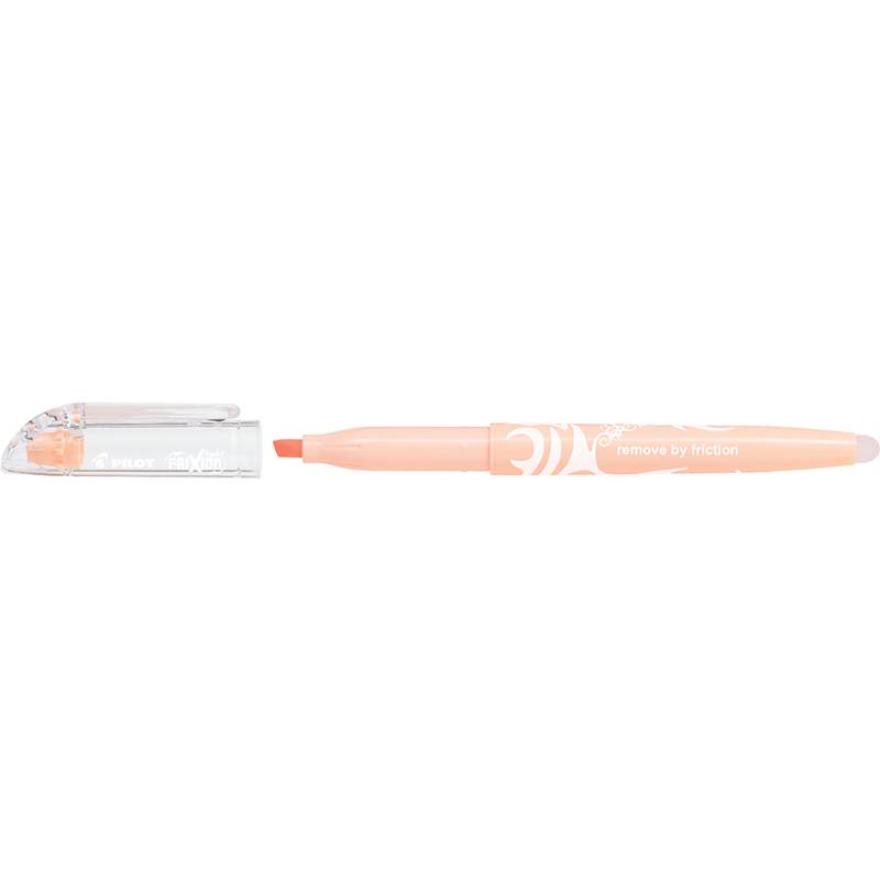 Pilot FriXion Stift in Pfirsichfarbe mit entfernter Kappe, die orange Tintenpitze und den Text „durch Reibung entfernen