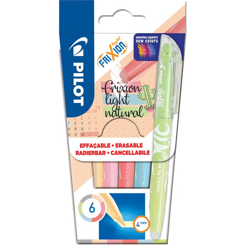 Pilot FriXion Light Natural Pack mit 6 löschbaren Textmarkern, einschließlich eines grünen 4-mm-Stifts, der in der transparenten Verpackung sichtbar ist.
