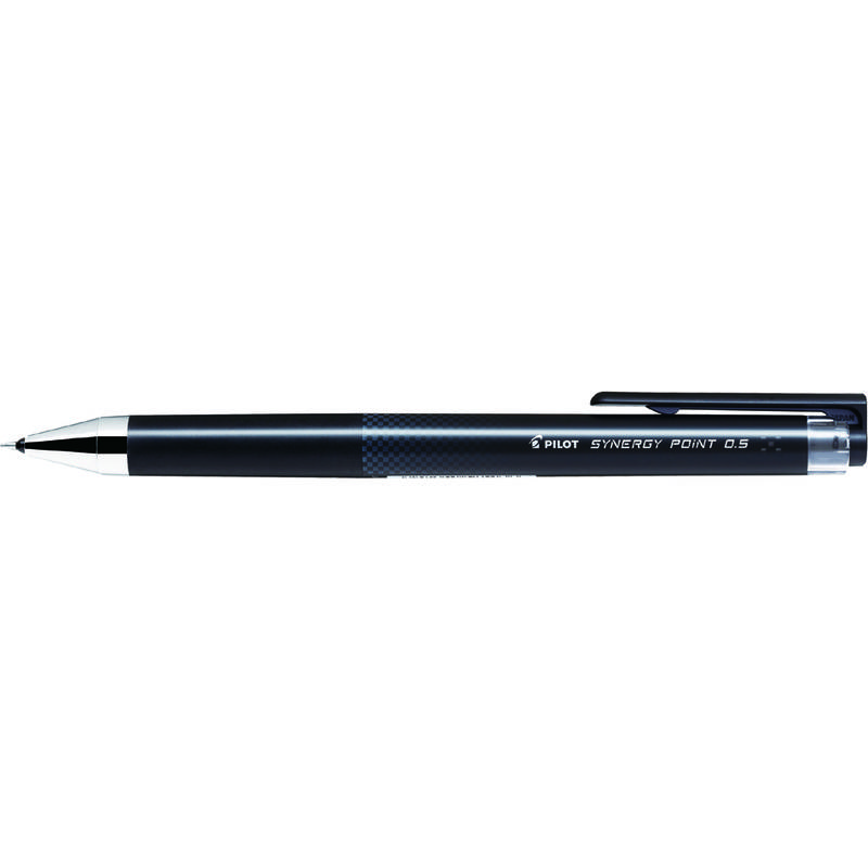 Ein schwarzer Pilot Synergy Point 0,5 Stift mit einer silbernen Klammer und elegantem, modernem Design.