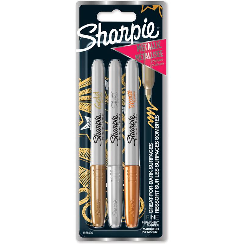 Packung mit drei Sharpie-Metallic-Permanentmarkern in Gold, Silber und Kupfer für dunkle Oberflächen.