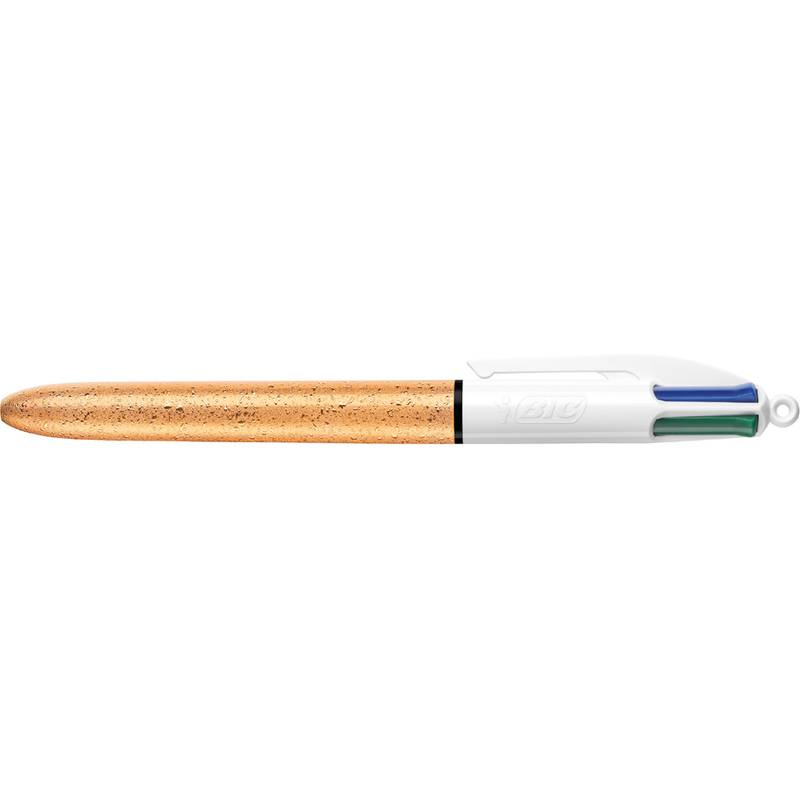 Ein Stift mit einem gefleckten braunen Körper und einer weißen Spitze. Er hat vier ausfahrbare farbige Spitzen: blau, schwarz, grün und rot.