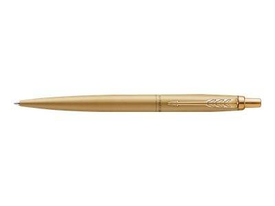 Goldener Kugelschreiber mit schlankem metallischem Gehäuse und Clip, horizontal auf weißem Hintergrund dargestellt.