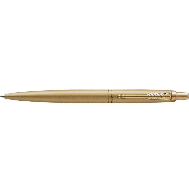 Goldmetallstift mit schlankem zylindrischem Körper, spitzer Spitze und Clip auf weißem Hintergrund.