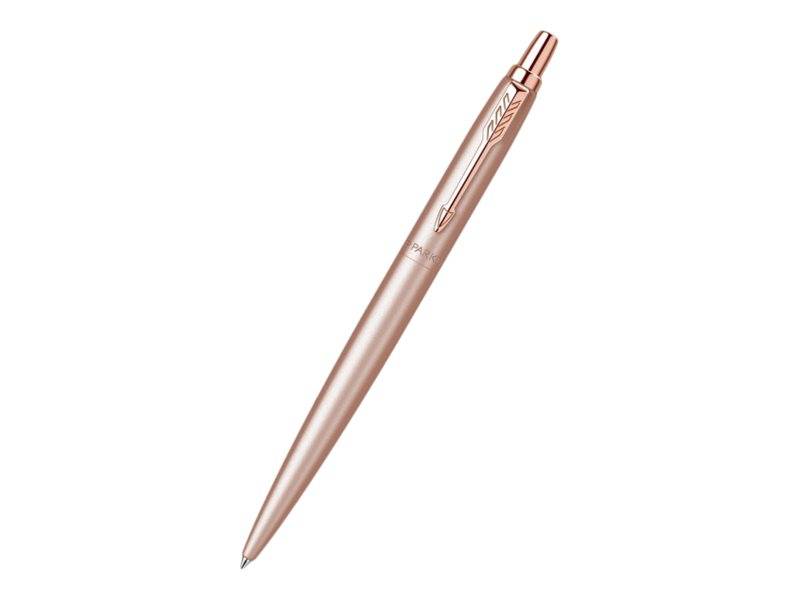 Rosegoldfarbener Kugelschreiber isoliert auf weißem Hintergrund, diagonal dargestellt mit sichtbarem Clip und spitzer Spitze.