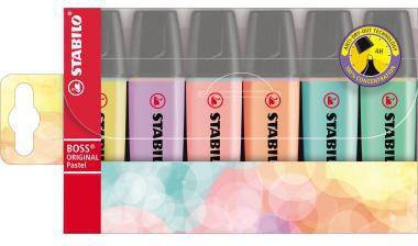 Packung STAEDTLER BOSS ORIGINAL Pastellmarker, abgebildet in mehreren Pastellfarben mit einer 4-Stunden-Verschlussschutzkappe.