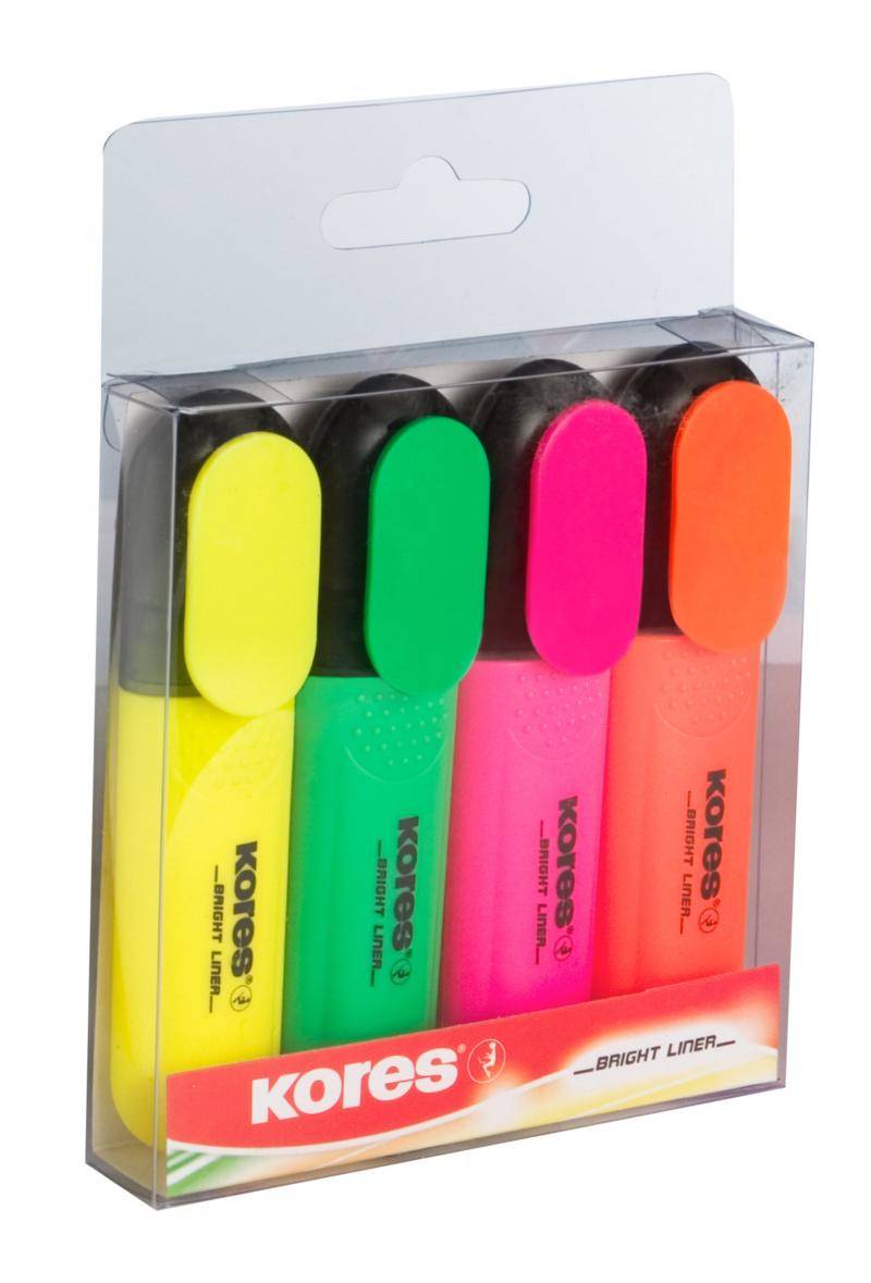 Paket mit vier Kores leuchtstarken Neon-Textmarkern in Gelb, Grün, Rosa und Orange, gezeigt in klarer Einzelhandelsverpackung.