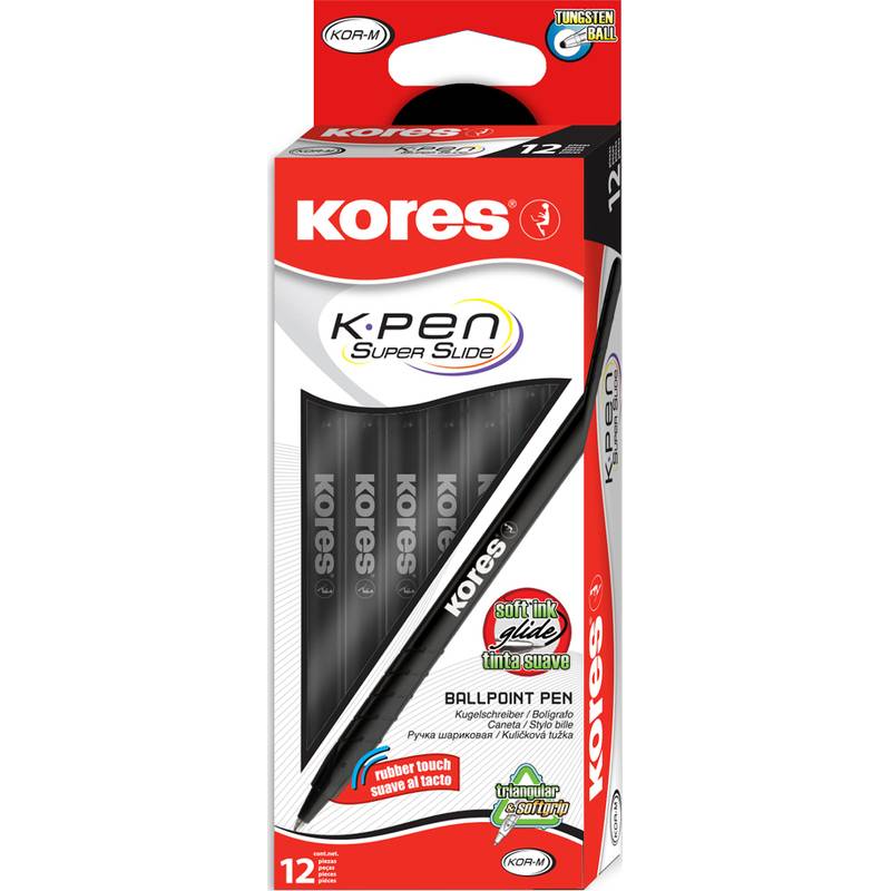 Schachtel mit 12 Kores K-Pen Supa Slide Kugelschreibern in schwarzem Design. Hervorgehobene Merkmale sind ‚Smooth Slide' und ‚Tinta Suave'.