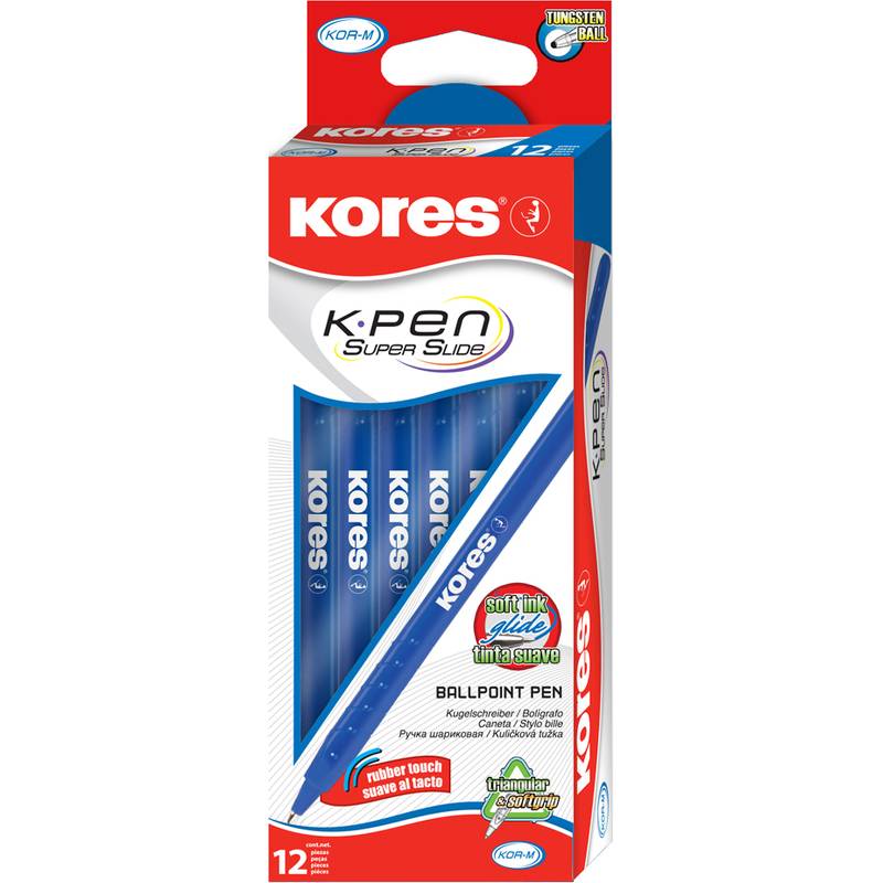 Schachtel mit Kores K-Pen Super Slide Stiften mit Wolframcarbid-Kugel, ausgestattet mit einem glatten Tintenfluss und einer Gummierungsoberfläche. Enthält 12 blaue Stifte.