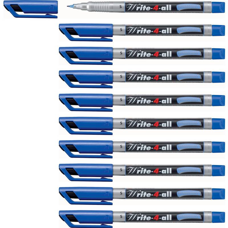 Neun blaukaeppige Write-4-all-Stifte vertikal auf weißem Hintergrund angeordnet.