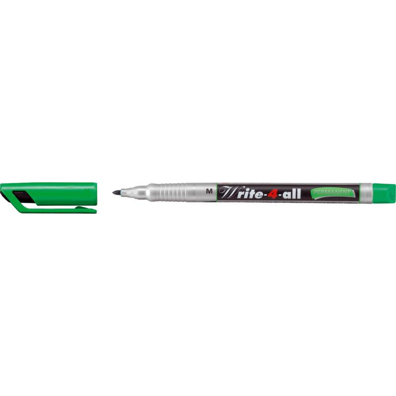 Grüner Schreibstift Write-4-all Marker mit Kappe, die neben dem Stift auf weißem Hintergrund abgebildet ist.