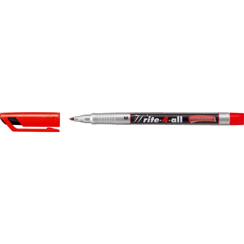 Ein rot und silberner Write-4-all Permanentmarker mit entfernter roter Kappe, horizontal auf weißem Hintergrund dargestellt.